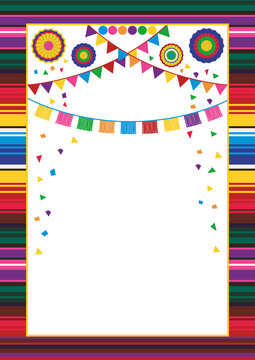 Mexican style frame design template. Striped serape design, paper garlands, confetti, pompoms and fans. With copy space for text. For banner, flier, wedding invitation, fiesta, cinco de mayo, birthday