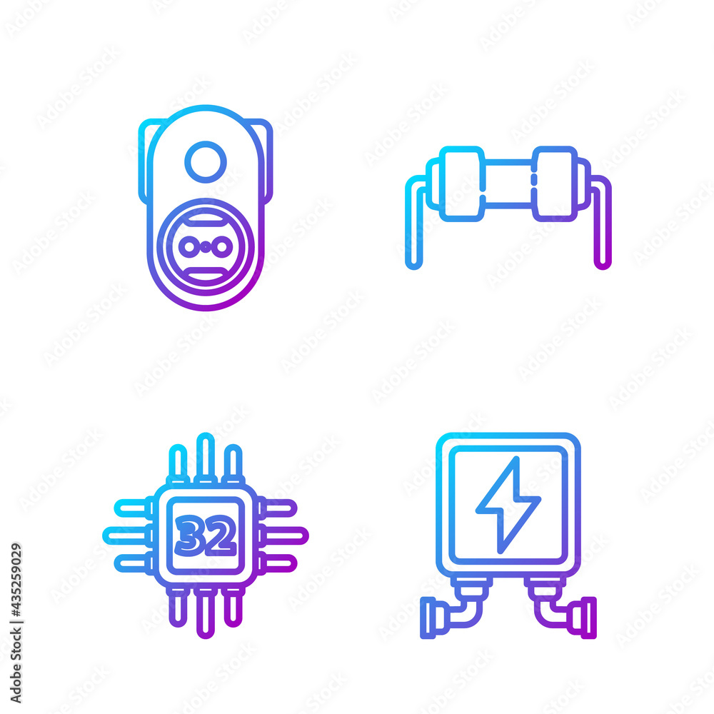 Poster set line electric transformer, processor with microcircuits cpu, electrical outlet and resistor elec