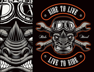 Colorful biker patch with a rhinoceros biker, this design can be used as well as a t-shirt print.
