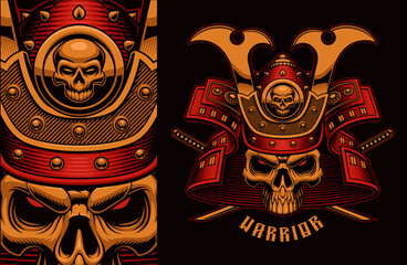 Vintage vector illustration of a colorful samurai skull with crossed katana swords, this design can be used as a t-shirt print.
