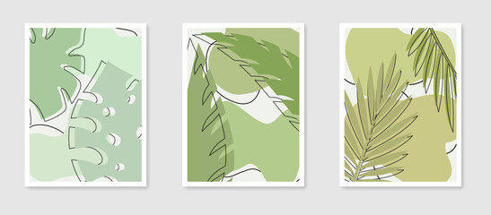 Set of botanical wall art. Modern art posters collection with tropical leaves silhouettes and abstract shapes. Abstract contemporary design for print, wall art, cover, postcard, wallpaper.