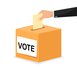 Voting concept. Hand puts voting ballot in vote box. Election concept in flat style. Vector illustration.
