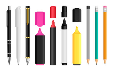Office stationery for drawing and writing. Pens, pencils and colored markers. Pen, wooden pencil and marker. School writing items. Vector illustration. - obrazy, fototapety, plakaty