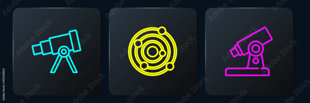 Poster set line telescope, microscope and solar system. black square button. vector