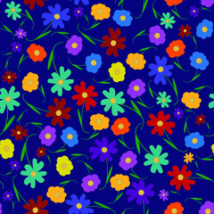 Seamless floral pattern with colorful flowers on a purple background. Spring bloom elements. Flowers in the summer garden. For textiles, wallpapers, backgrounds and postcards.