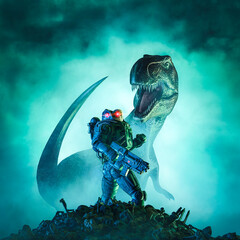 Alien dinosaur hunter soldier / 3D illustration of science fiction military robot warrior confronting giant tyrannosaurus rex with ominous sky background