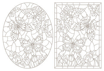 Set of contour illustrations in the style of stained glass with butterflies and flowers, dark outlines on a white background