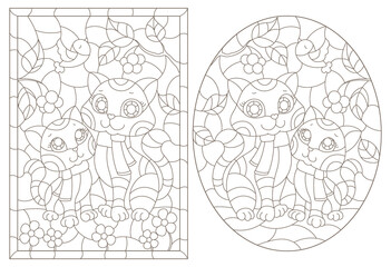 Set of contour illustrations in the style of stained glass with a pair of cartoon cats, dark outlines on a white background