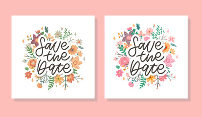 Obraz premium Lovely spring concept card. Awesome flowers and birds made in watercolor technique. Bright romantic card with summer flowers in vector. Charming Save the Date background