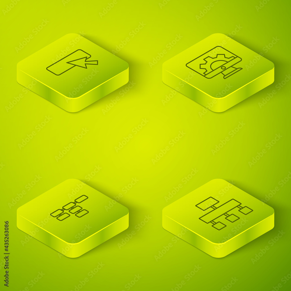 Poster set isometric line web development, site map, and ui or ux design icon. vector