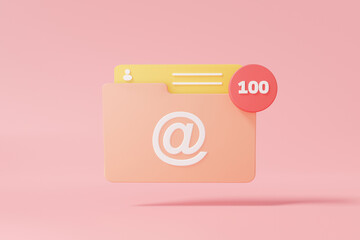 3D rendering one hundred alert mailbox mail icon digital document email marketing concept minimal style floating on pink pastel. communication illustration