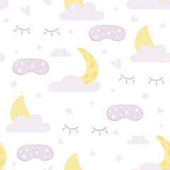 Seamless pattern with cute illustration of sleep mask, eyelashes, moon and clouds. Vector illustration for posters in the nursery.