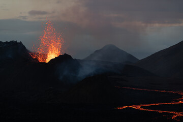 Geldingadalsgos, Fagradalsfjall volcano eruption -  is a shield volcano on the Reykjanes Peninsula, around 40 kilometres  from Reykjavík, Iceland - 435263401