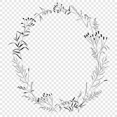 Obraz premium A wreath of plants of meadows and fields, the black contour of nature herbs. Template for a postcard, a beautiful composition for design.