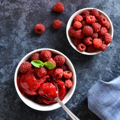 Raspberry sorbet, ice cream scoop