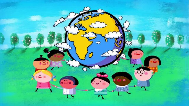 Happy children of different nations and skin colour dancing together in a circle holding their hands around the earth globe with cute clouds. Background version. Children day or Earth day. 
