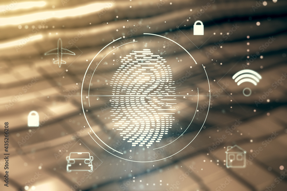 Poster multi exposure of virtual fingerprint scan interface on shiny metal background, digital access conce