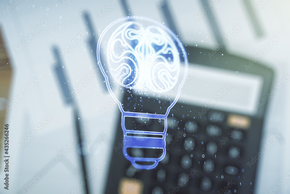 Poster Abstract virtual idea concept with light bulb and human brain illustration on calculator background. Neural networks and machine learning concept. Multiexposure