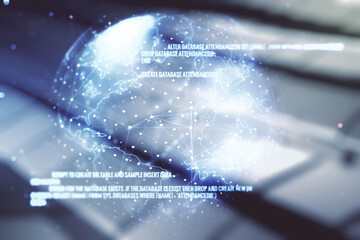 Multi exposure of abstract software development hologram and world map on blurry metal background, global research and analytics concept