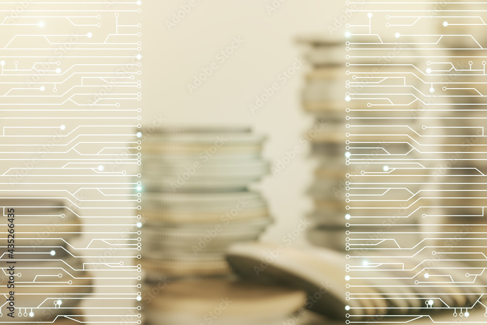 Poster abstract virtual micro circuit sketch on growing coins stacks background, future technology and ai c