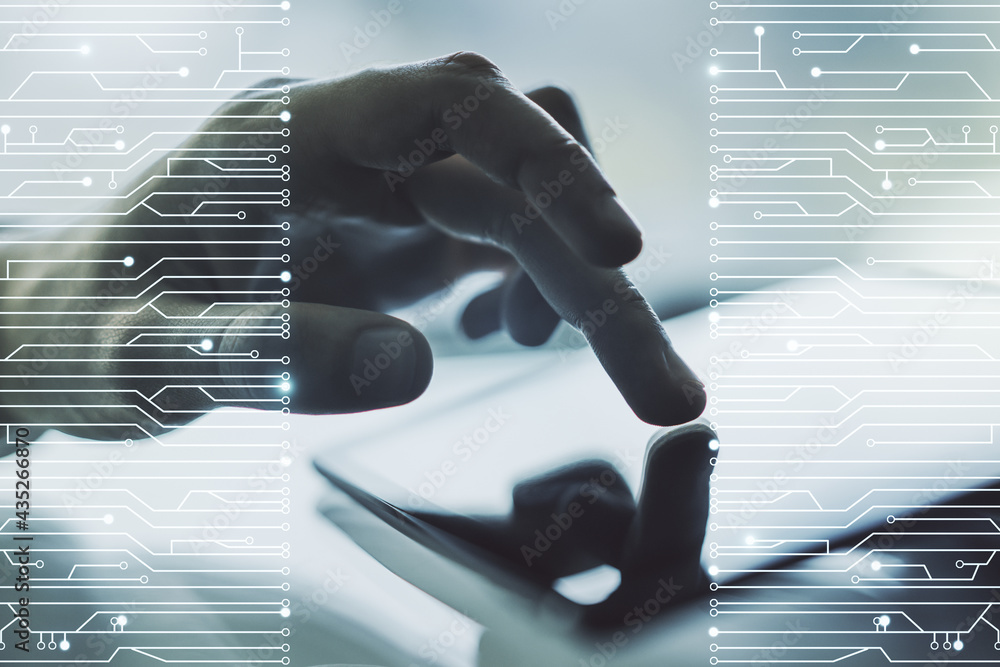Poster creative abstract micro chip hologram and finger presses on a digital tablet on background, artifici
