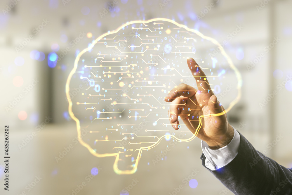 Poster double exposure of man hand presses on creative artificial intelligence interface on blurred office 