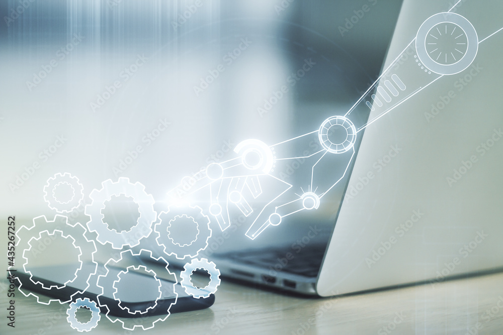 Poster creative concept of robotics technology on modern laptop background. robot development and automatio