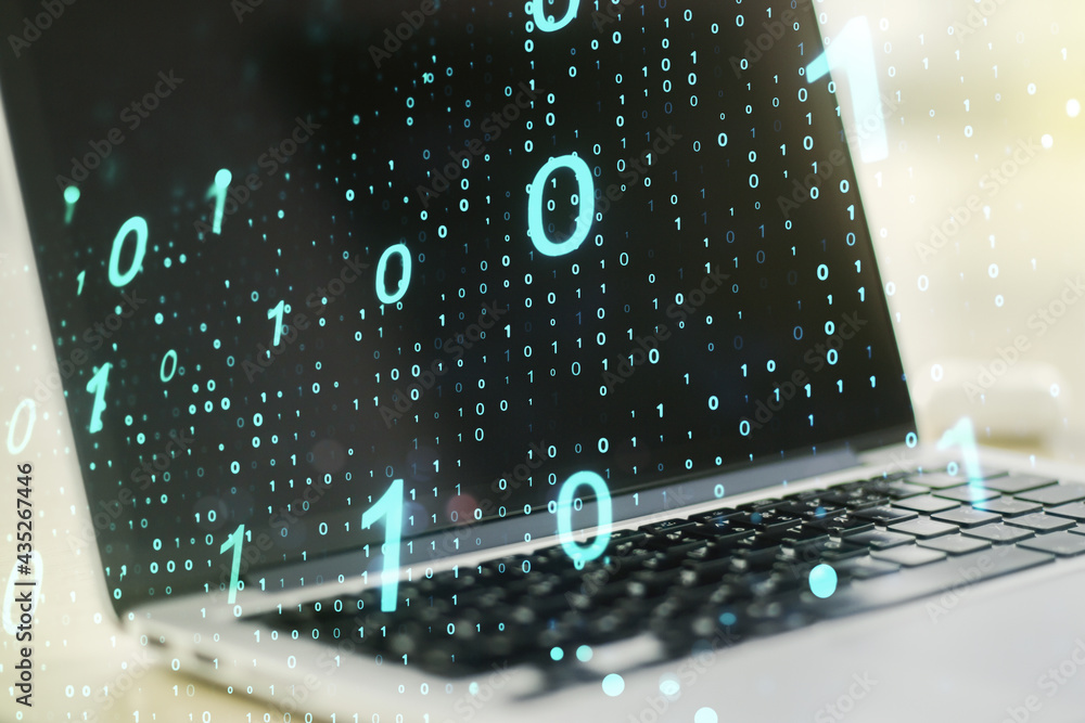 Poster Creative abstract binary code sketch on modern laptop background, hacking and matrix concept. Multiexposure