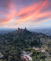 Aerial view from a palace in the top of a mountain. Pena National Palace in Sintra, Portugal
