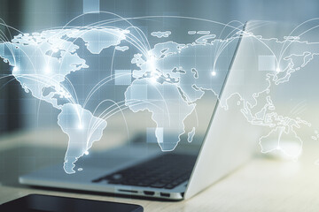 Abstract graphic digital world map with connections on modern computer background, globalization...