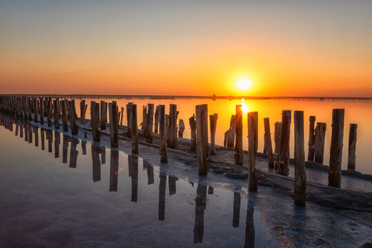 Wood posts for salt extraction in the water of extremely salty lake, amazing nature landscape in sunset light with colored sky, sun and reflection, Henichesk, Ukraine