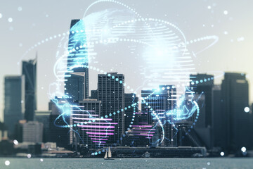Abstract graphic digital world map hologram with connections on San Francisco cityscape background, globalization concept. Multiexposure