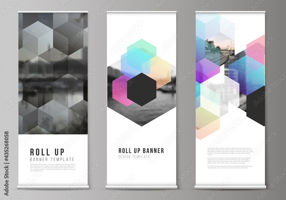 Poster vector layout of roll up mockup design templates with abstract shapes and colors for vertical flyers