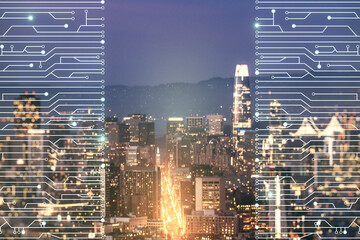 Double exposure of abstract virtual circuit hologram on San Francisco city skyscrapers background. Research and development hardware concept