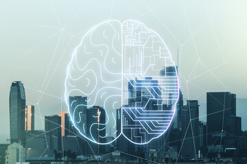 Double exposure of creative human brain microcircuit hologram on Los Angeles office buildings background. Future technology and AI concept