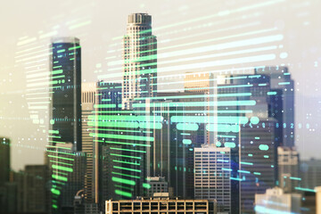 Fototapeta na wymiar Abstract creative world map interface on Los Angeles skyline background, international trading concept. Multiexposure