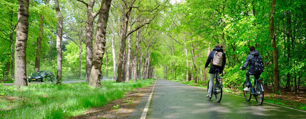 boys on bicycle ride home from school through spring forest in holland