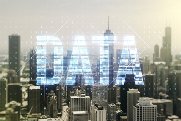 Data word hologram on Chicago office buildings background, big data and blockchain concept. Multiexposure