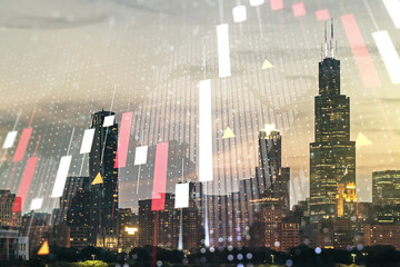 Abstract creative financial graph interface and world map on Chicago skyline background, forex and investment concept. Multiexposure