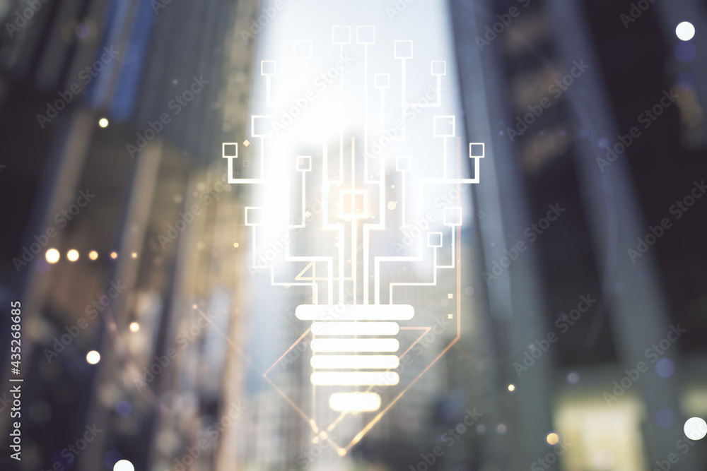Poster virtual creative idea concept with light bulb and microcircuit illustration on office buildings back