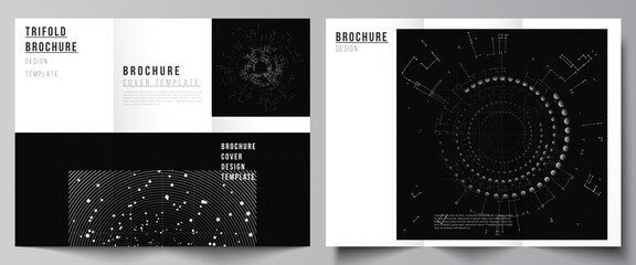 Fototapeta premium Vector layouts of covers templates for trifold brochure, flyer layout, book design, brochure cover, advertising. Black color technology background. Digital visualization for science, medical, tech.