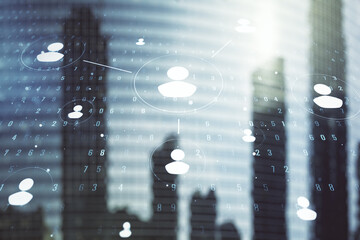 Abstract virtual social network hologram on modern architecture background. Double exposure