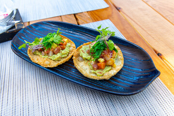 Tostadas de camaron Mexicanas, mexican food in mexico, sea foods
