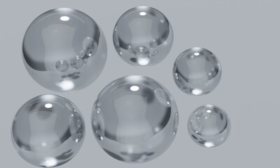 Glass balls bubbles on a gray background. Illustration.