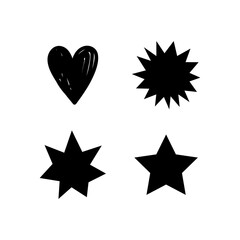 Set of hand drawn stars and hearts. Black grungy elements. Brush strokes and splatter. Vector illustration.