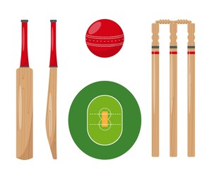 Sport Ball, Bat, Wicket and green Court for cricket