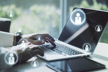 Social network media concept with hands typing on computer keyboard on background. Double exposure