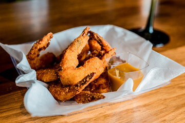 Fried Shrimp Snacks on a wooden table