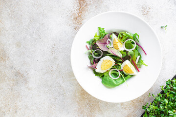 egg salad vegetables fresh green leaves mix spinach, arugula, lettuce, eggs boiled organic food healthy meal snack copy space food background top view veggie vegetarian keto or paleo diet