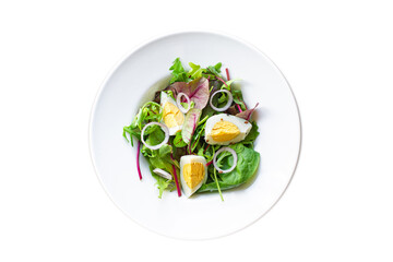 egg salad vegetables fresh green leaves mix spinach, arugula, lettuce, eggs boiled organic food healthy meal snack copy space food background top view veggie vegetarian keto or paleo diet